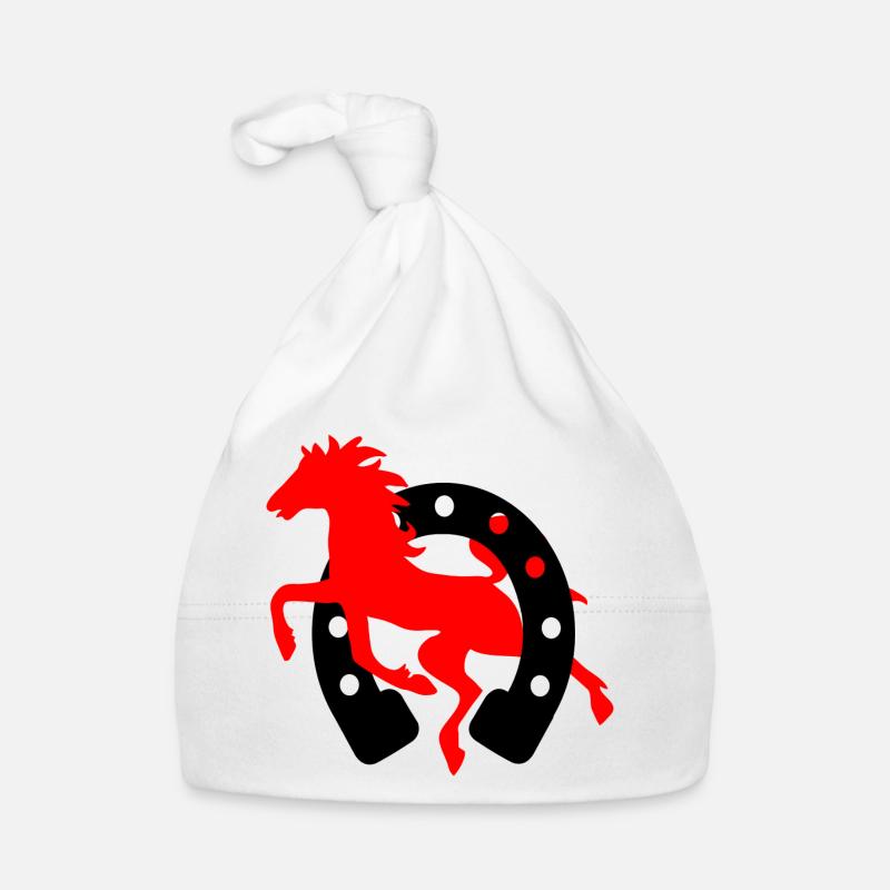 Fer à cheval rouge avec logo de cheval noir école d’équitation Bonnet bio Bébé