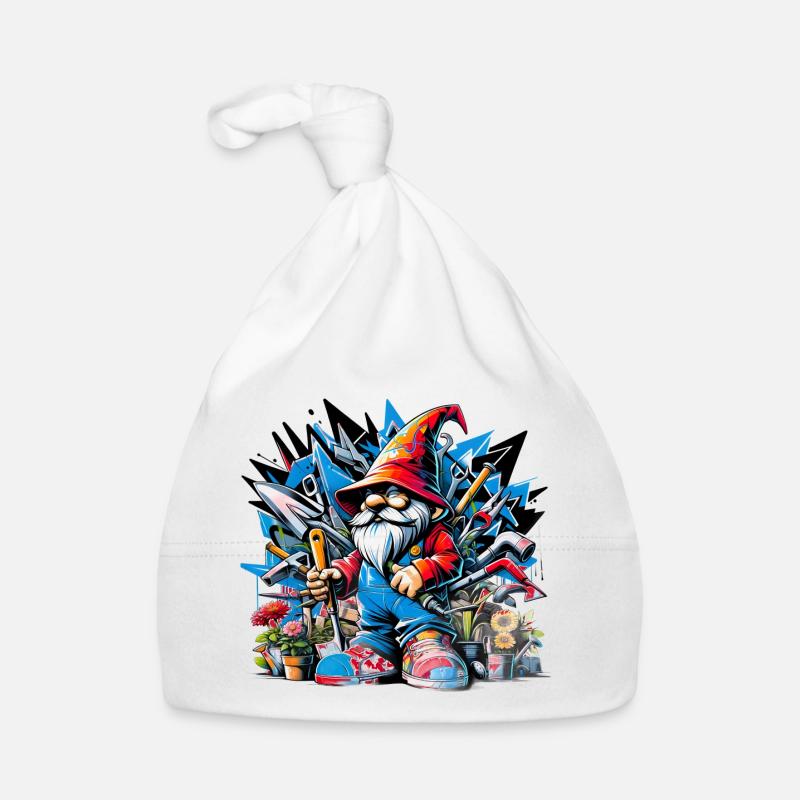 Colorful, living garden gnome surrounded by tools Organic Baby Cap