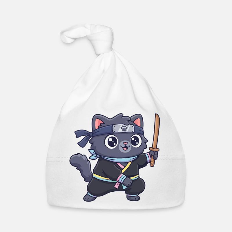 Chat ninja en costume de samouraï - Bonnet bio Bébé - blanc