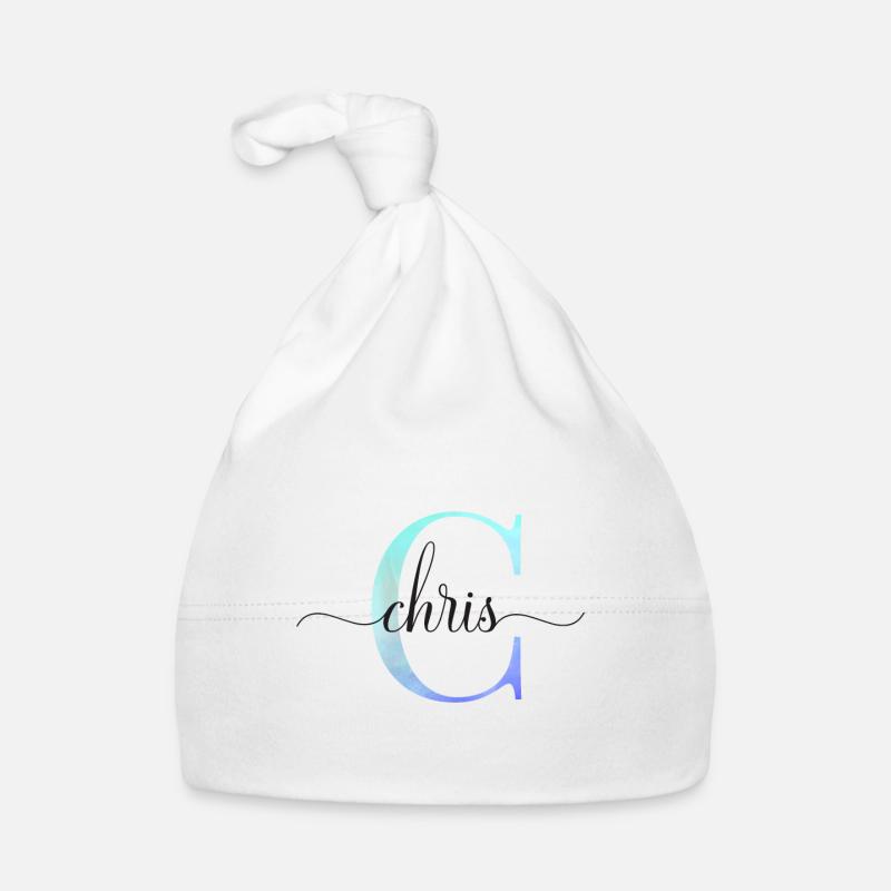 C| Monogramme | Nom | Chris | Aquarelle - Bonnet bio Bébé - blanc