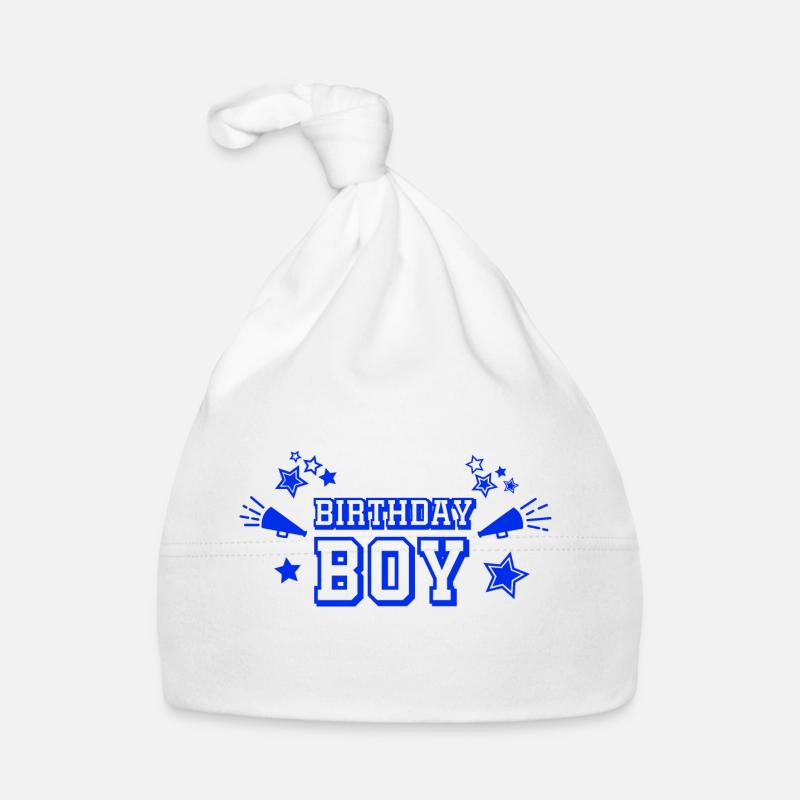 Texte « Birthday Boy » avec étoiles et mégaphone - Bonnet bio Bébé - blanc