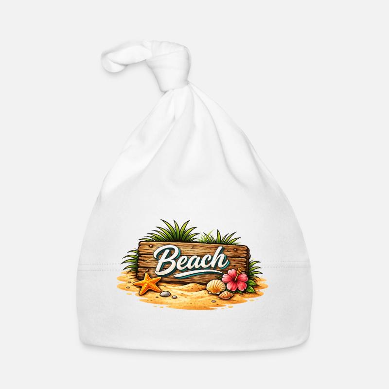 Beach Holzschild Strand Illustration  Baby Bio-Mütze