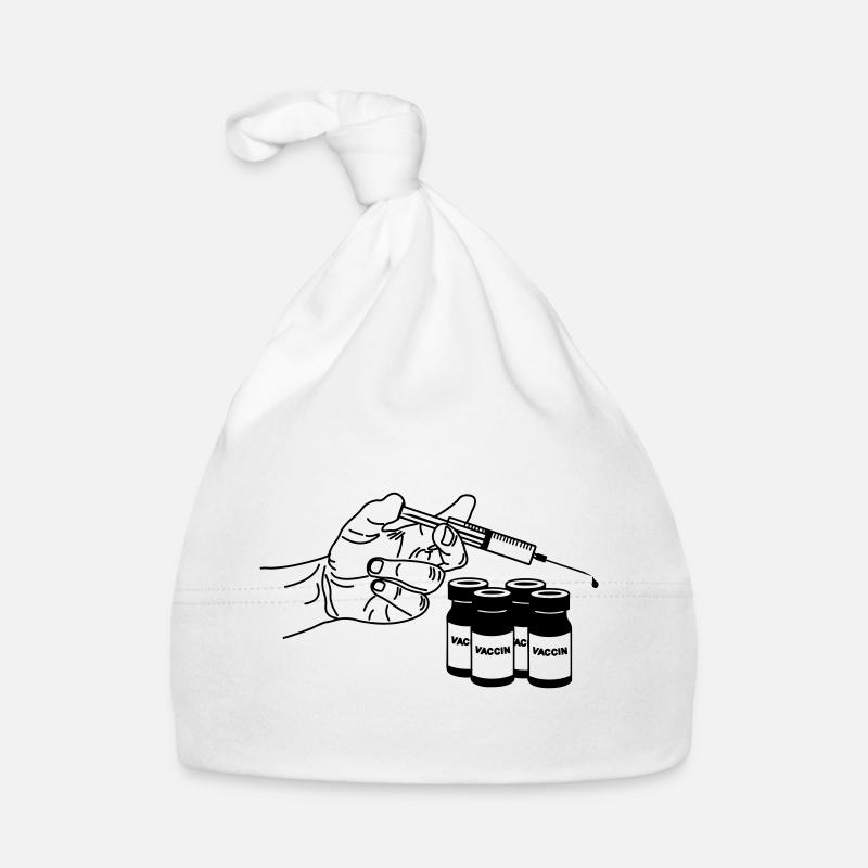 Hand mit Impfspritze und Gläsern Baby Bio-Mütze