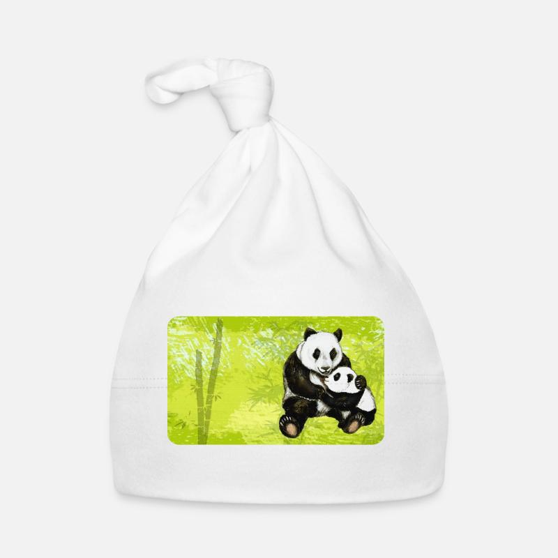 Maman Panda Ours avec Bébé Panda - Bonnet bio Bébé - blanc