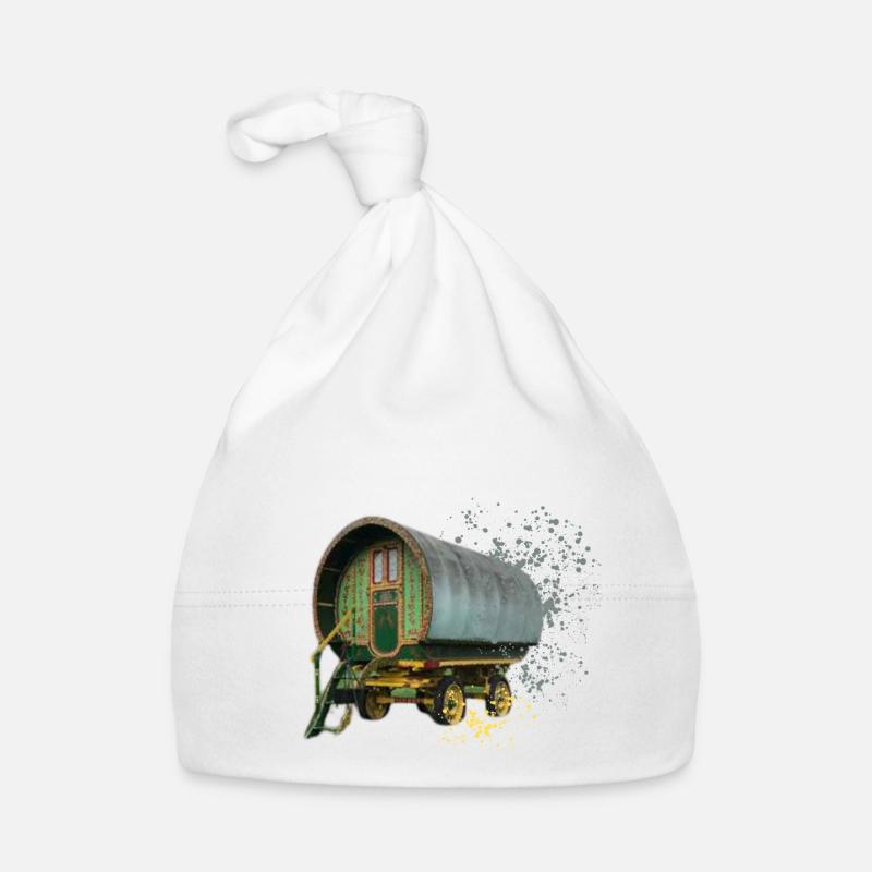 caravane gitane tirée par des chevaux, - Bonnet bio Bébé - blanc