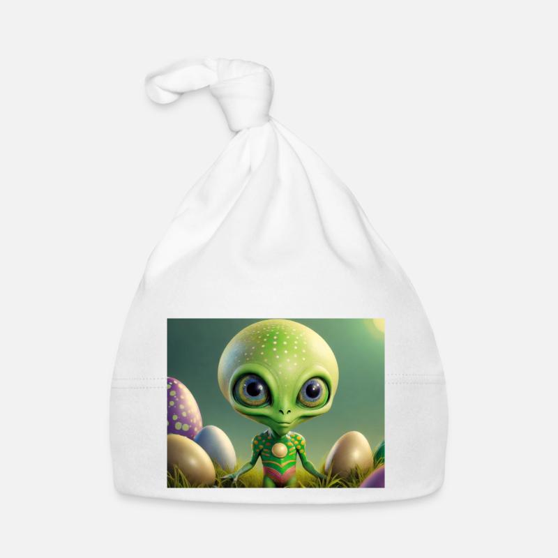 cute little green retro alien with easter eggs Organic Baby Cap