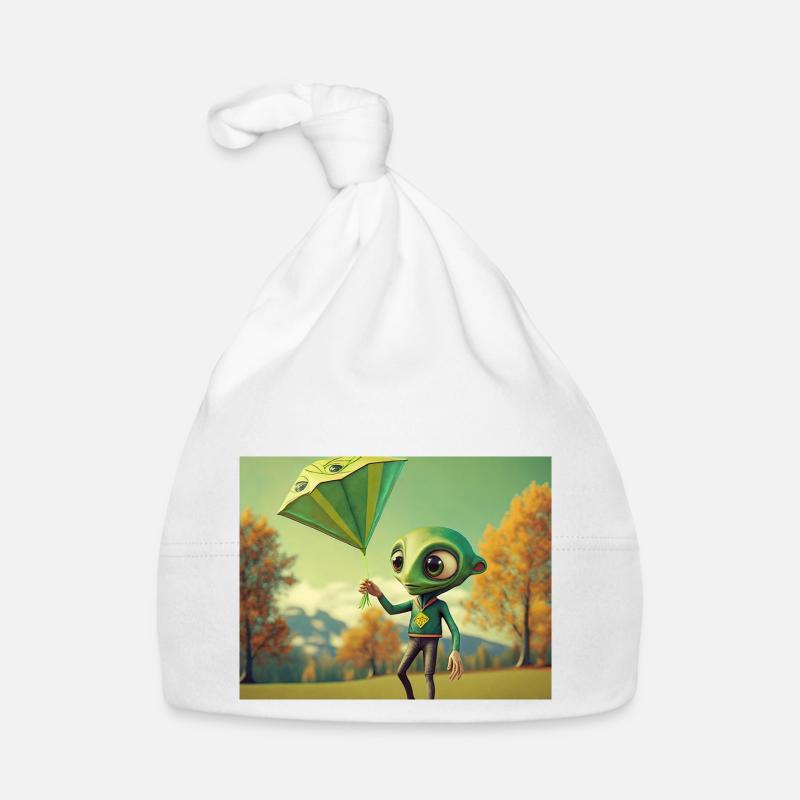 mignon petit vert rétro vintage alien voler un cerf-volant - Bonnet bio Bébé - blanc