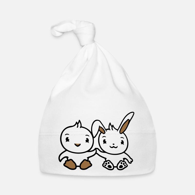 Hase Vogel Küken 2 Freunde Team Zwei Hände halten Baby Bio-Mütze