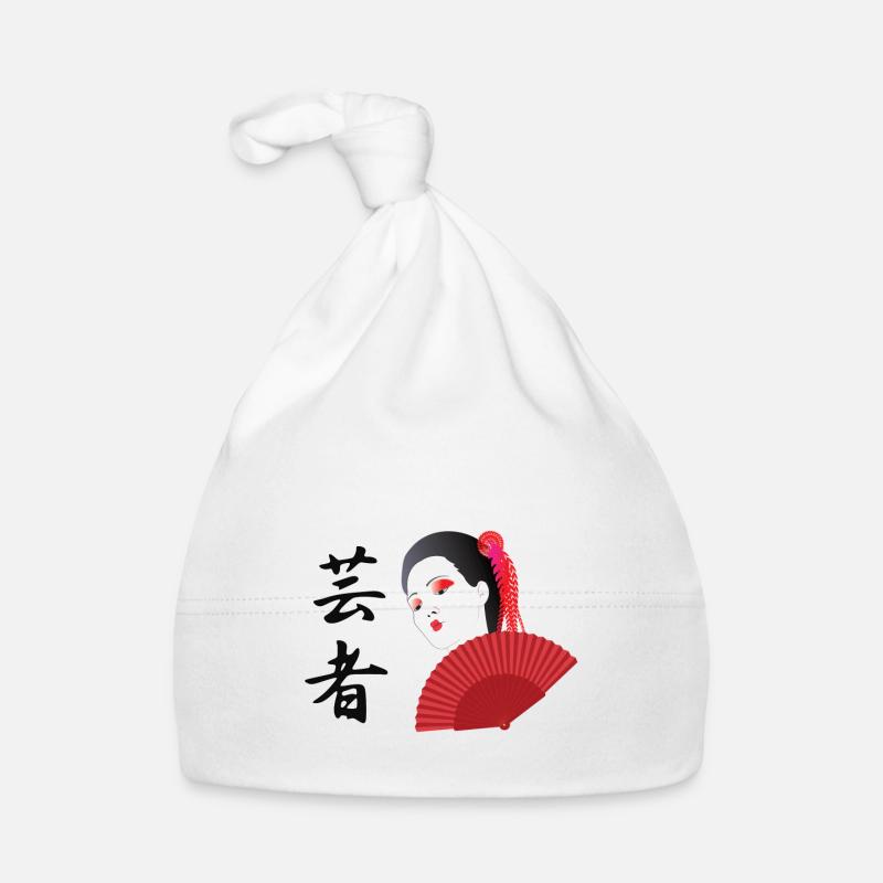 Geisha avec caligraphie devient Geisha et handfan - Bonnet bio Bébé - blanc