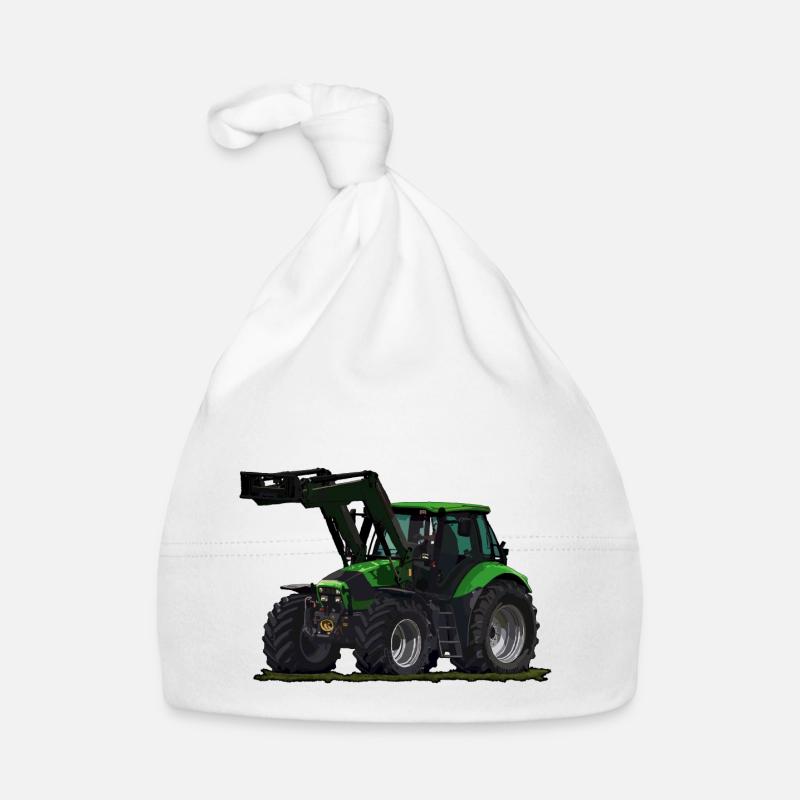 Hellgrüner Traktor mit Frontlader - Baby Bio-Mütze - Weiß