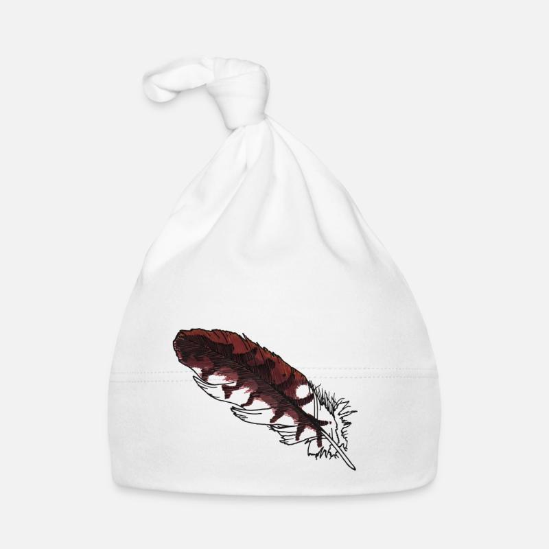 Small Brown Feather Hand-Drawn (Red Kite) - Organic Baby Cap - white