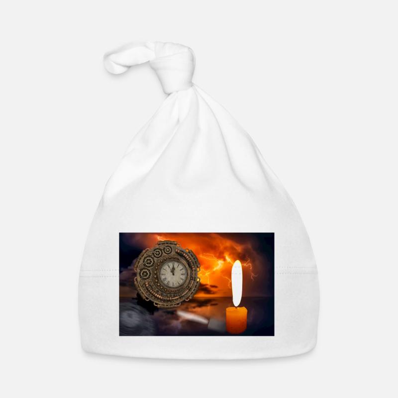 A clock illuminated by candles. Organic Baby Cap
