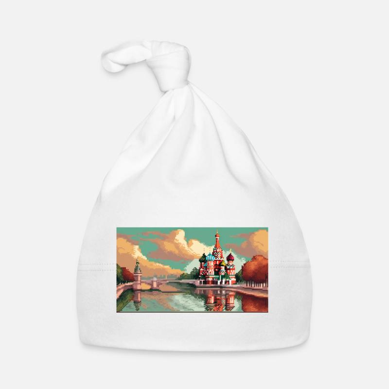 Cathédrale Saint-Basile, Moscou, Russie - Pixel Art - Bonnet bio Bébé - blanc