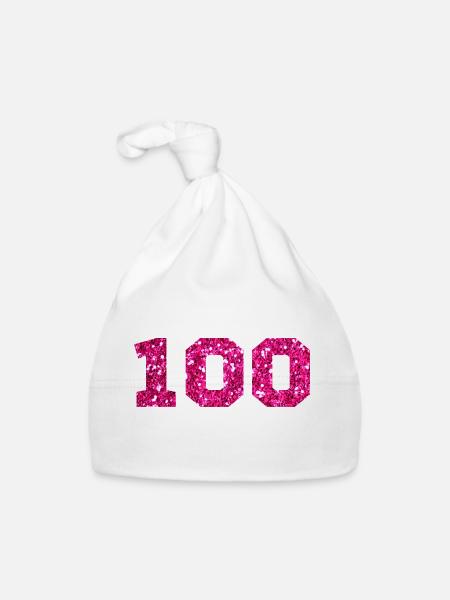 Numéro 100 paillettes rose - 100e anniversaire - Bonnet bio Bébé - blanc - Devant
