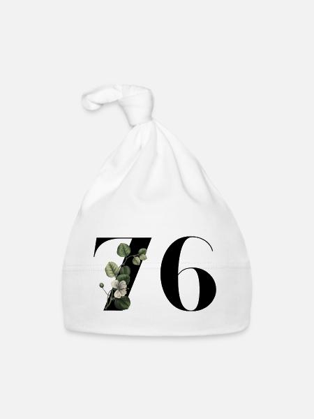 Number 76 Floral Green - 76th Floral Birthday - Organic Baby Cap - white - Front