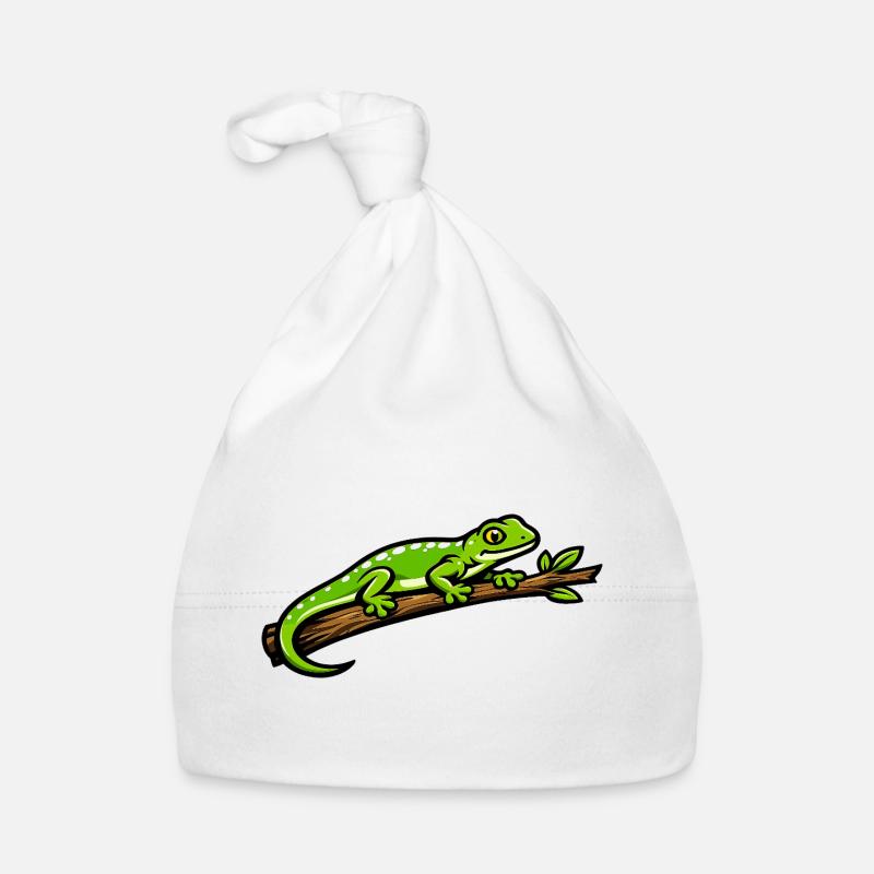 Gecko vert sur branche – illustration éclatante Bonnet bio Bébé