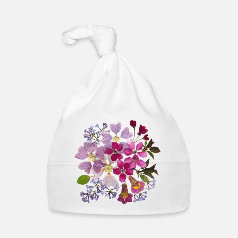 Lilac, Cherry Blossoms and Mallow pressed flowers Organic Baby Cap