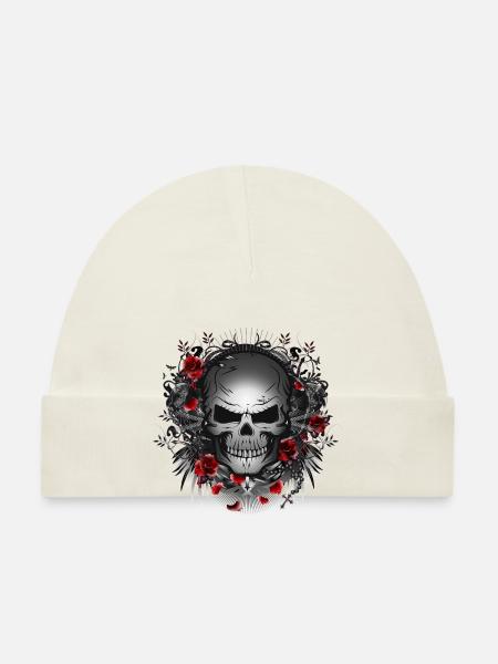 dark gothic skull with red roses - Organic Baby Cap - white - Front