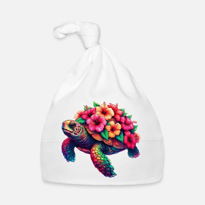 Tortue aux fleurs d’hibiscus - Bonnet bio Bébé - blanc