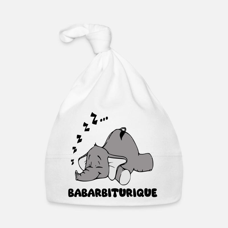 Schlafender Elefant mit dem Titel Babarbituric Baby Bio-Mütze