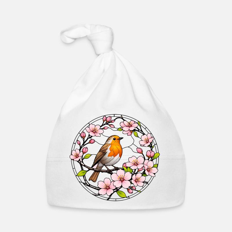 Rouge-gorge avec des vitraux en fleurs de cerisier Bonnet bio Bébé