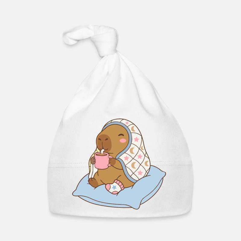 Cozy Night Capybara on a pillow sipping cocoa  Organic Baby Cap