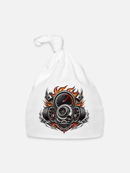 Flammen-Turbo-Motor-Emblem - Baby Bio-Mütze - Weiß - Vorne