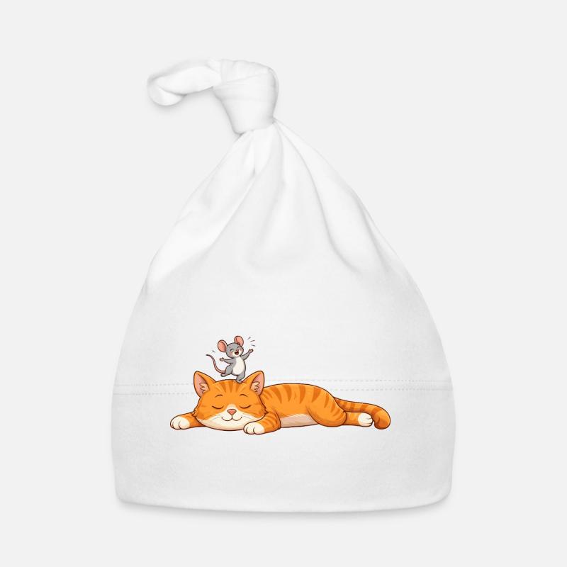 Sleeping cat with cheerful mouse Organic Baby Cap