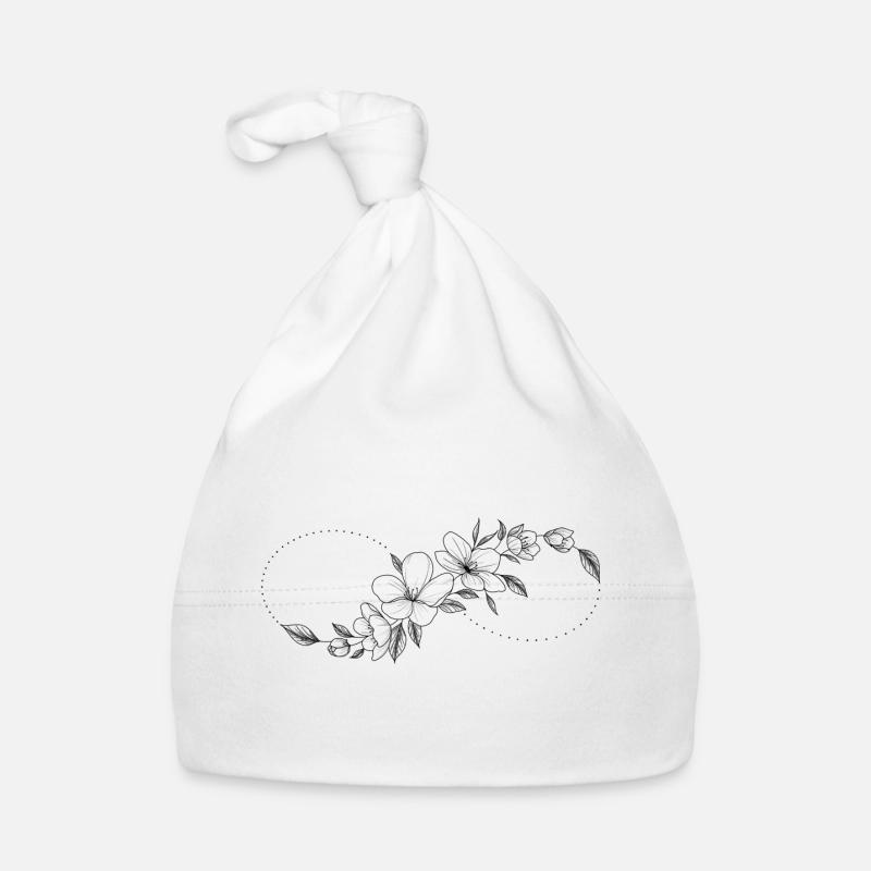 Blumige Kirschblüte und Unendlichkeitszeichen. Baby Bio-Mütze