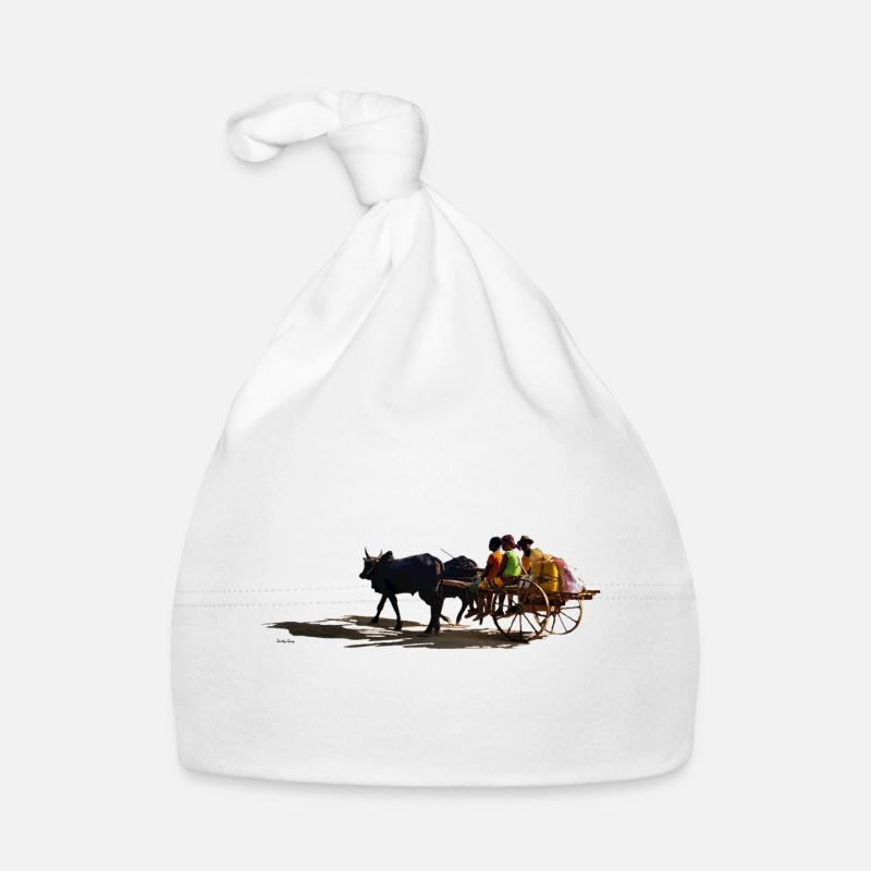 Carrosse africain à âne et passagers - Bonnet bio Bébé - blanc