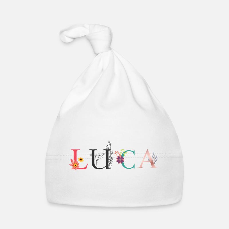 Art du nom LUCA avec des fleurs brodées - Bonnet bio Bébé - blanc