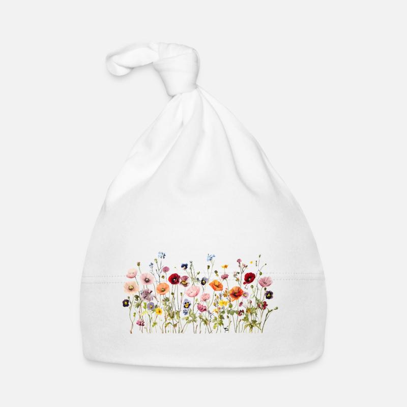Prairie de fleurs sauvages – Fleurs d’aquarelle naturelles - Bonnet bio Bébé - blanc