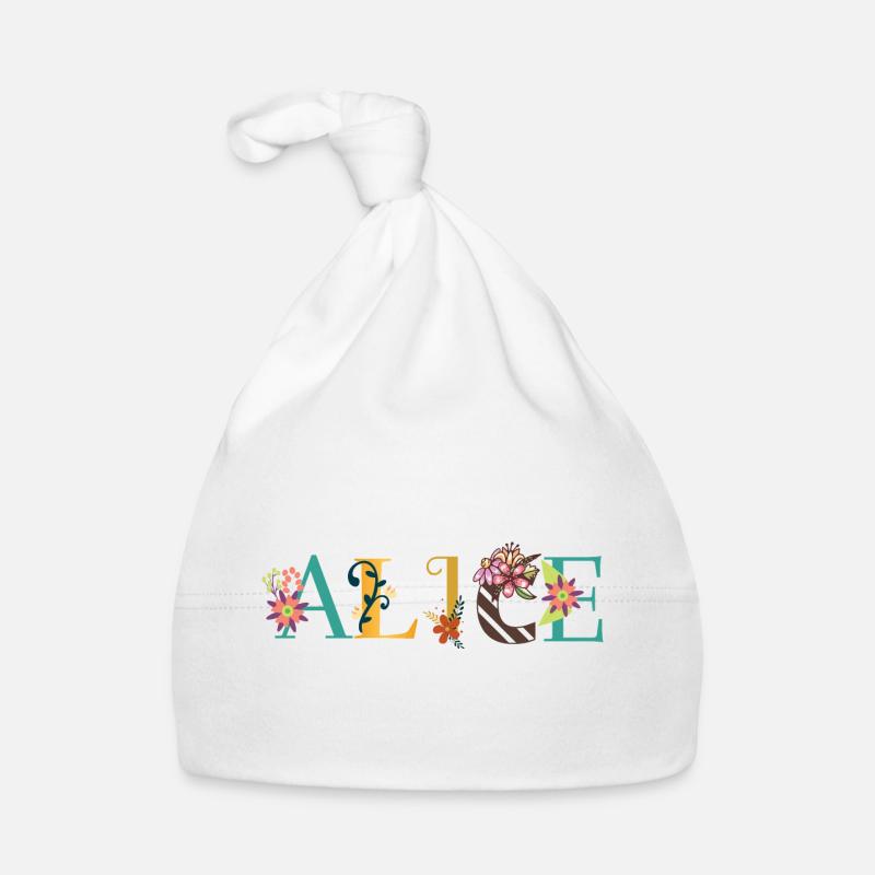 Art du nom ALICE avec des fleurs brodées - Bonnet bio Bébé - blanc