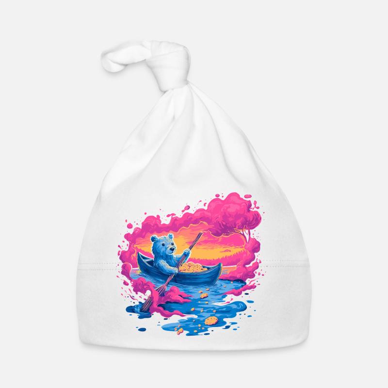 Ours néon dans un canoë rose au coucher de soleil Bonnet bio Bébé