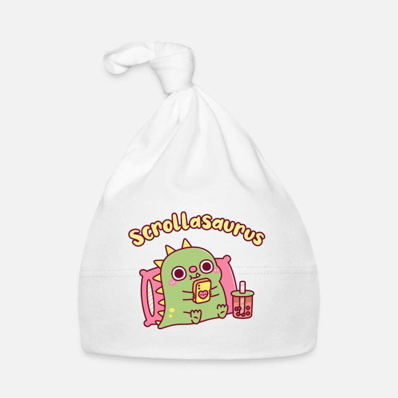 Niedlicher Scrollasaurus-Dinosaurier scrollt auf dem Handy Baby Bio-Mütze