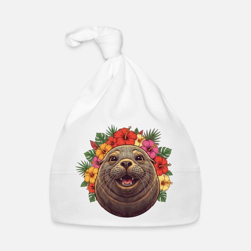 Seehund mit Hibiskusblütenkranz Baby Bio-Mütze