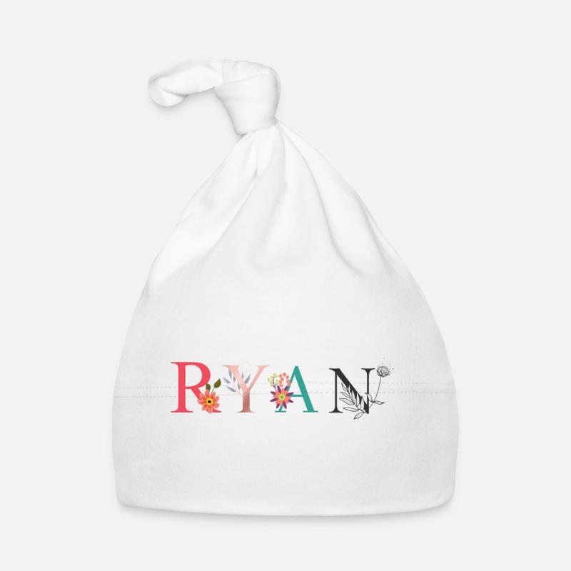 RYAN Name Art With Flowers Embroidered Organic Baby Cap