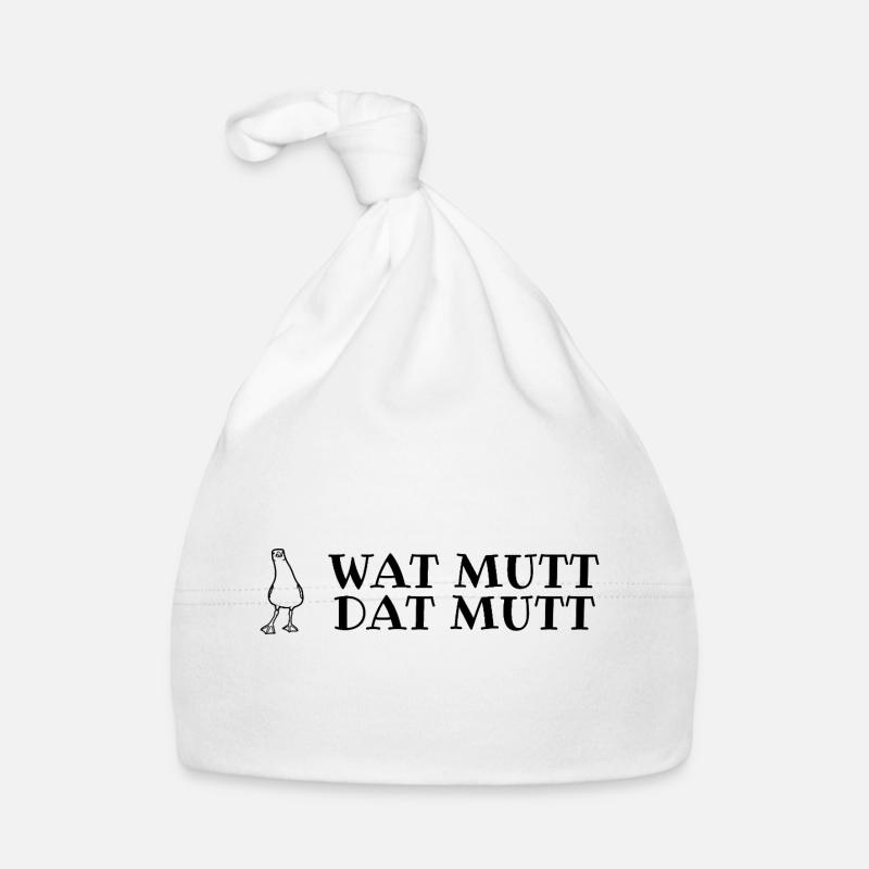 Plattdeutscher Spruch mit Möwe Wat mutt, dat mutt - Baby Bio-Mütze - Weiß