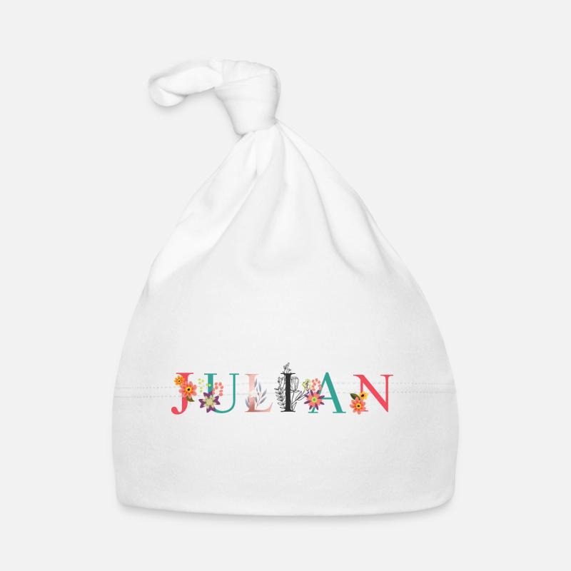 Art du nom JULIAN avec des fleurs brodées Bonnet bio Bébé