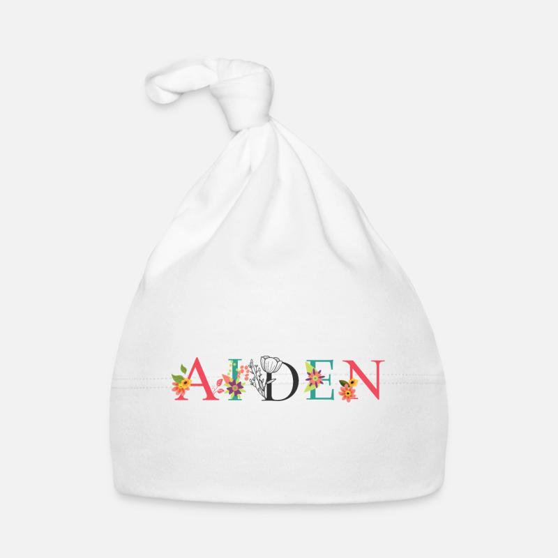 Art du nom AIDEN avec des fleurs brodées Bonnet bio Bébé
