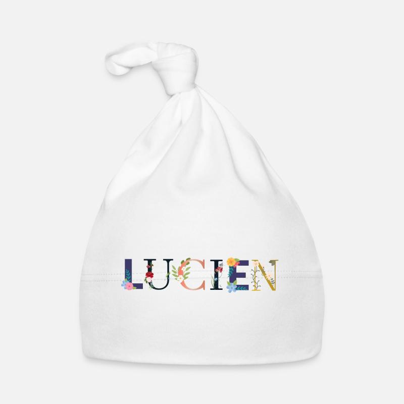 Le nom de LUCIEN est orné de fleurs Bonnet bio Bébé