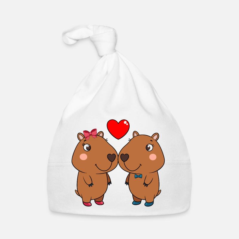 Duo d’animaux mignons avec cœur - Bonnet bio Bébé - blanc