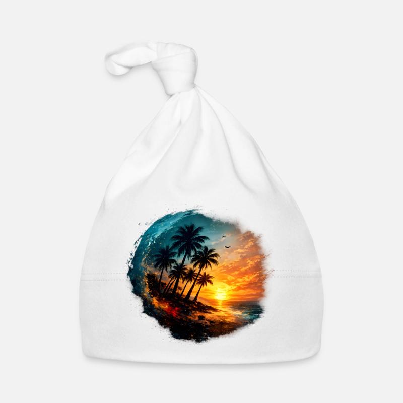 Coucher soleil palmier plage Bonnet bio Bébé