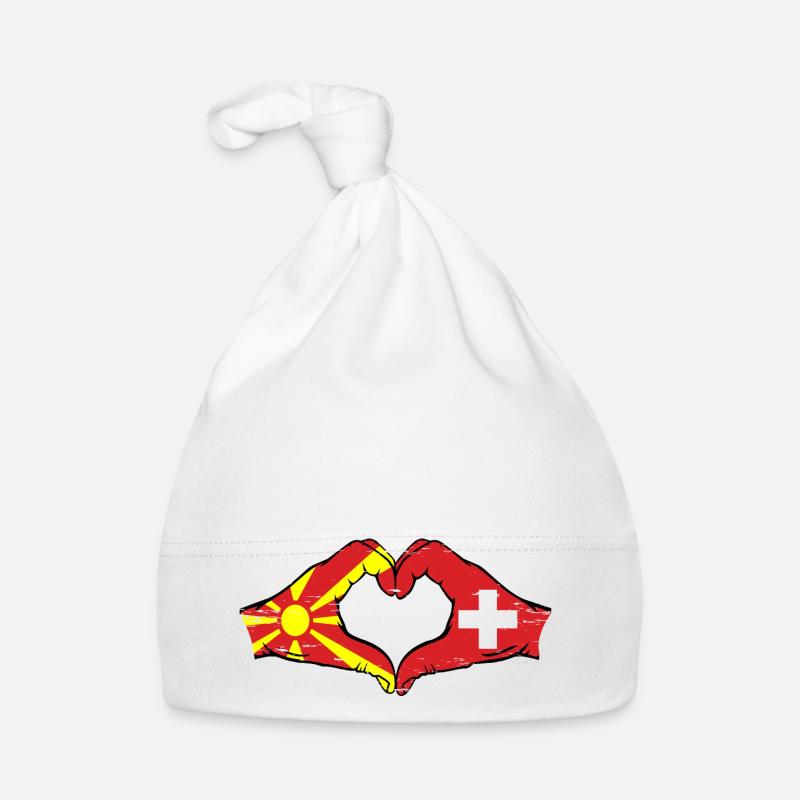 Macédoine Suisse Drapeau Mains Coeur Forme Utilisé Bonnet bio Bébé
