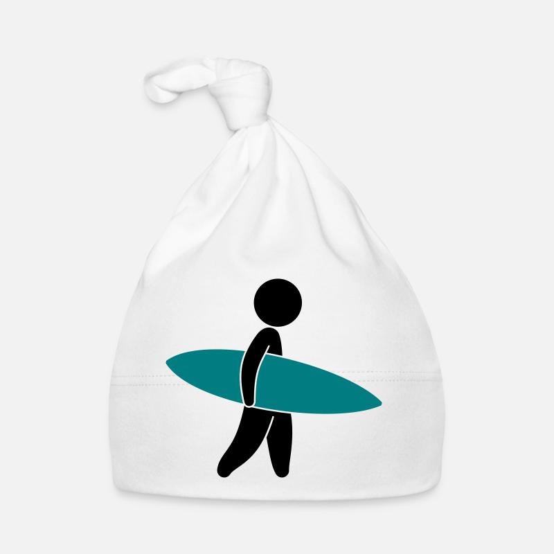Ein Surfer mit seinem Surfboard Baby Bio-Mütze