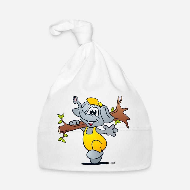 BD Elephant porte un arbre en riant - Bonnet bio Bébé - blanc