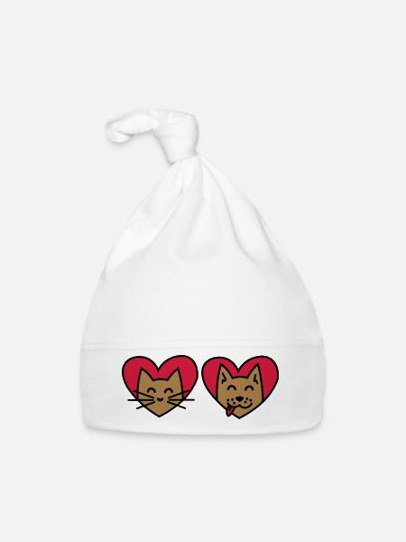 Cat and Dog with Heart! Cat and dog with hearts - Organic Baby Cap - white - Front