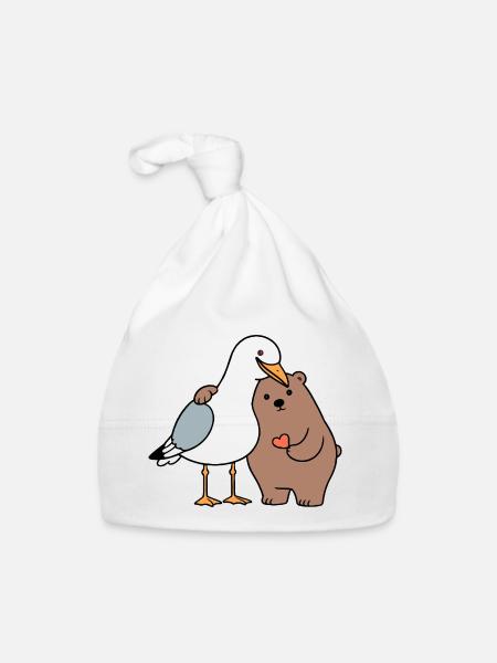 Nordsee Möwe Braun Bär Freundschaft Liebe anlehnen - Baby Bio-Mütze - Weiß - Vorne