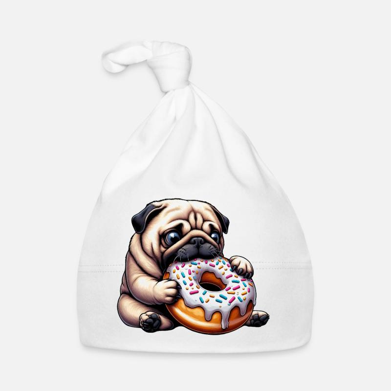 Carlin mignon avec beignet dessin animé Snacking drôle Bonnet bio Bébé