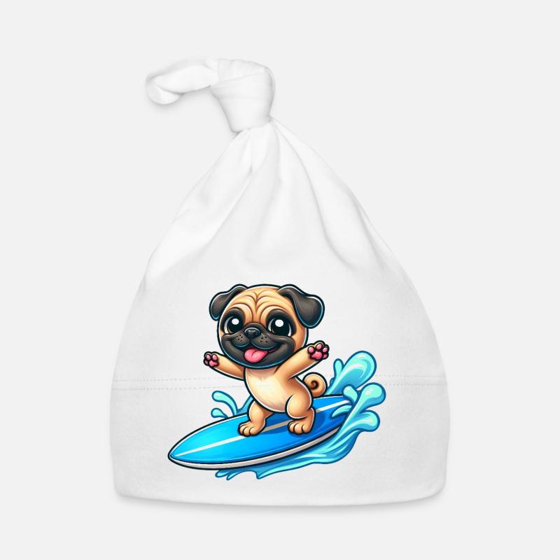 Kawaii Pug Surfer Planche de surf Surf Été Bonnet bio Bébé